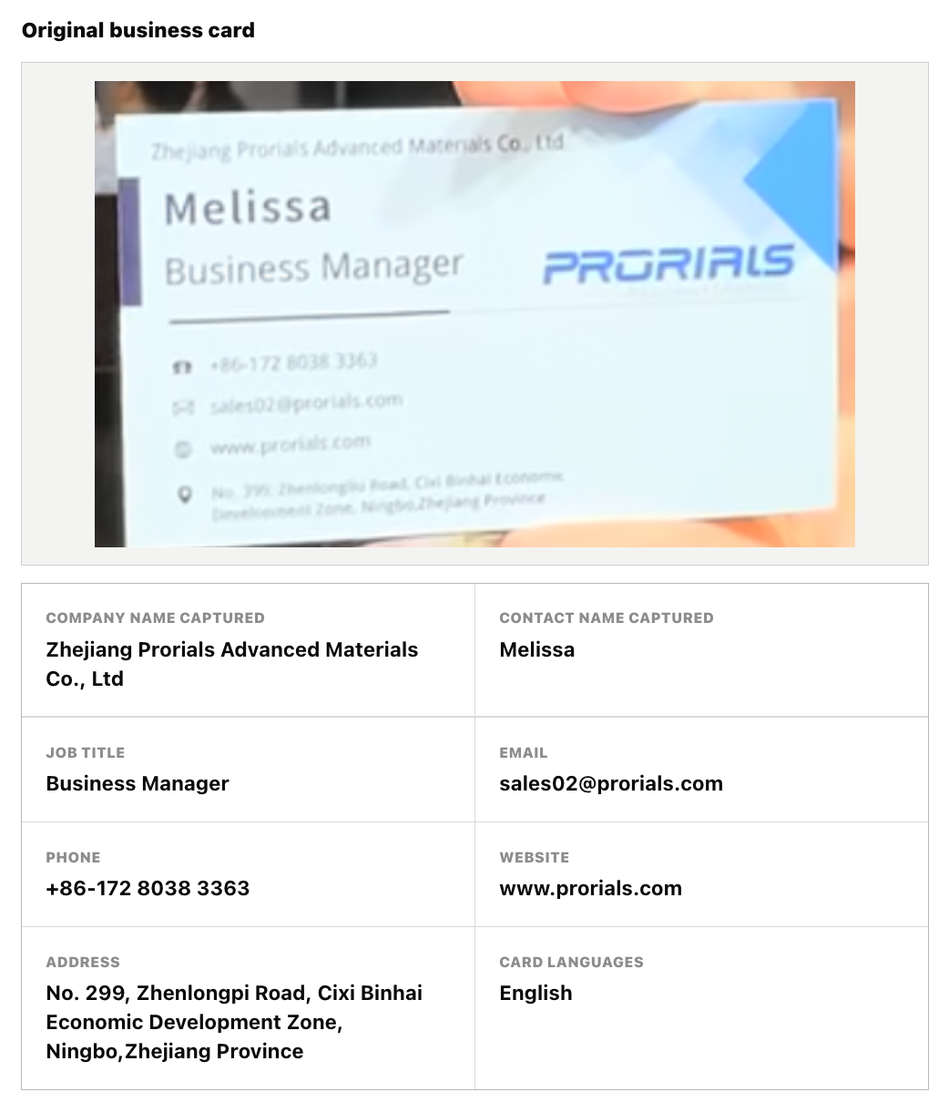 Screenshot of the original Zhejiang Prorials business card and the company and contact details captured by My Fair