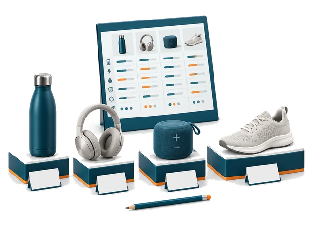 Competing unbranded products and a feature comparison board.