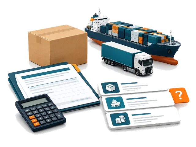 Product carton, freight models, calculator and cost-assumption cards.
