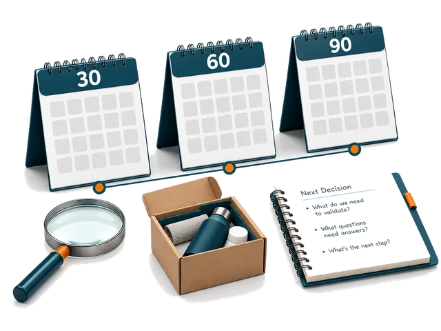 Thirty, sixty and ninety-day calendar panels with product validation tools.