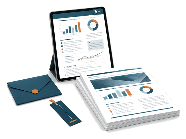 Tablet showing a research document, printed report and envelope.