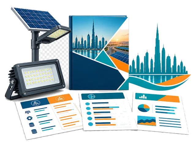 LED panel and solar street light with UAE market research documents.
