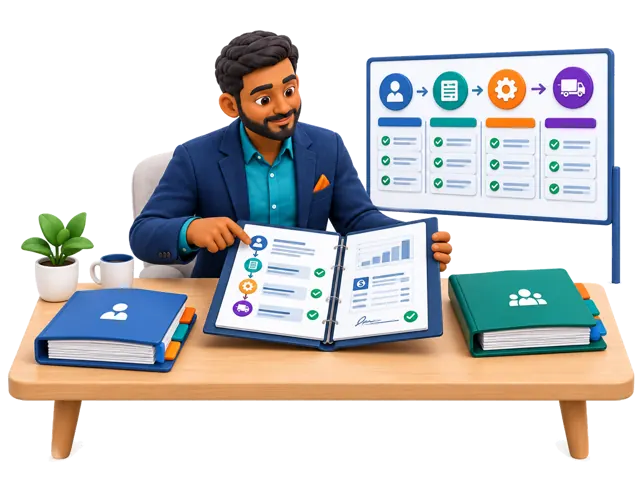A conceptual 3D coordinator reviews intake, written scope, supplier evidence, milestone updates and separate provider quotations. The illustrated character is not a portrait of the named project lead.
