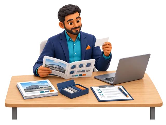 A stylized 3D coordinator reviews a supplier business card, product catalogue, quotation and sample to understand the buyer's situation and propose a scope of support.